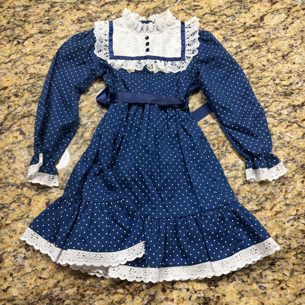 Vintage Sears Girls Navy Polka Dot Lace Prairie Dress Size 5 Made in USA
